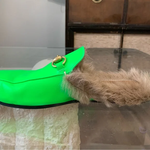 Neon green fur lined Gucci slip ons - Picture 7 of 10